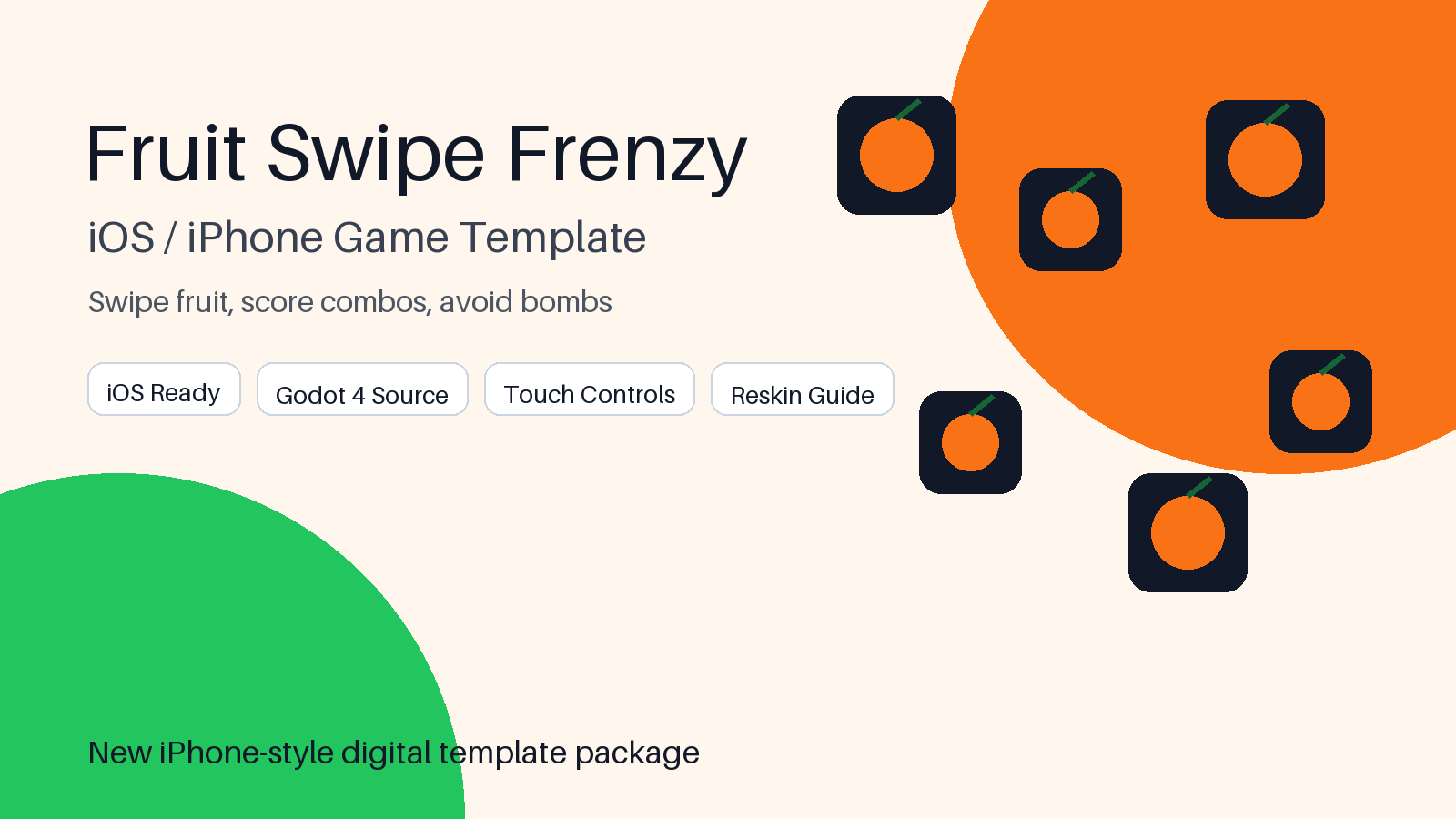 Fruit Swipe Frenzy iOS Game Template, iPhone Godot 4 Source Code, Mobile Reskin App Template