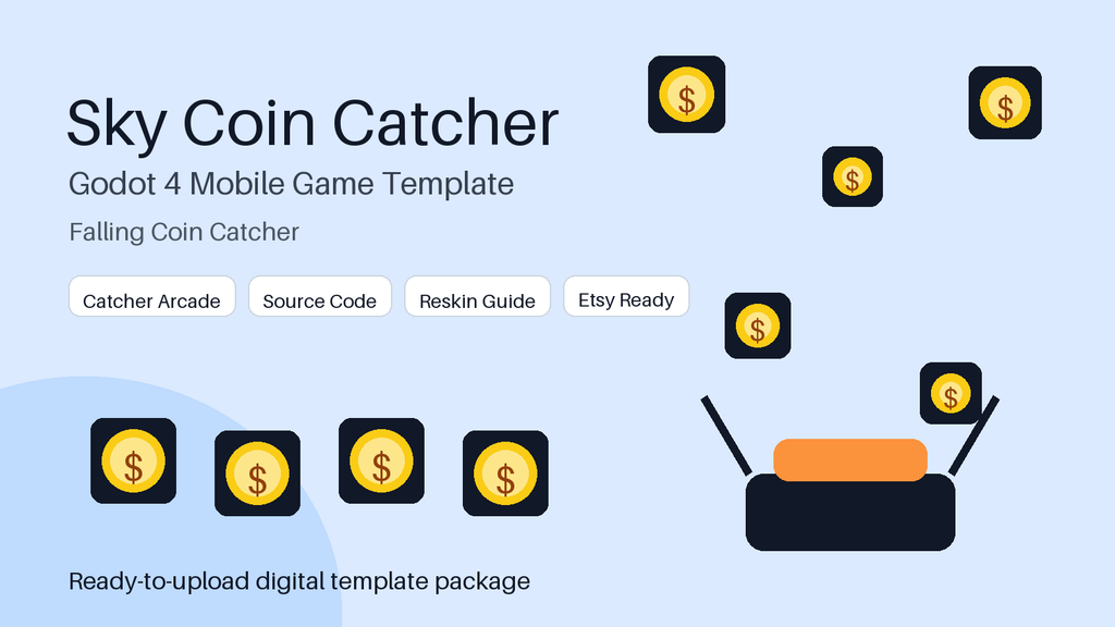 Sky Coin Catcher Godot 4 Mobile Game Template, Android Arcade Catcher Source Code, Reskin Template
