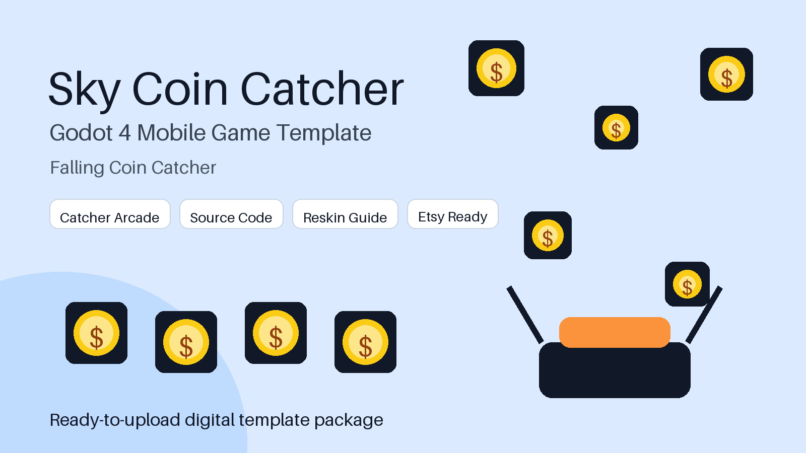 Sky Coin Catcher Godot 4 Mobile Game Template, Android Arcade Catcher Source Code, Reskin Template