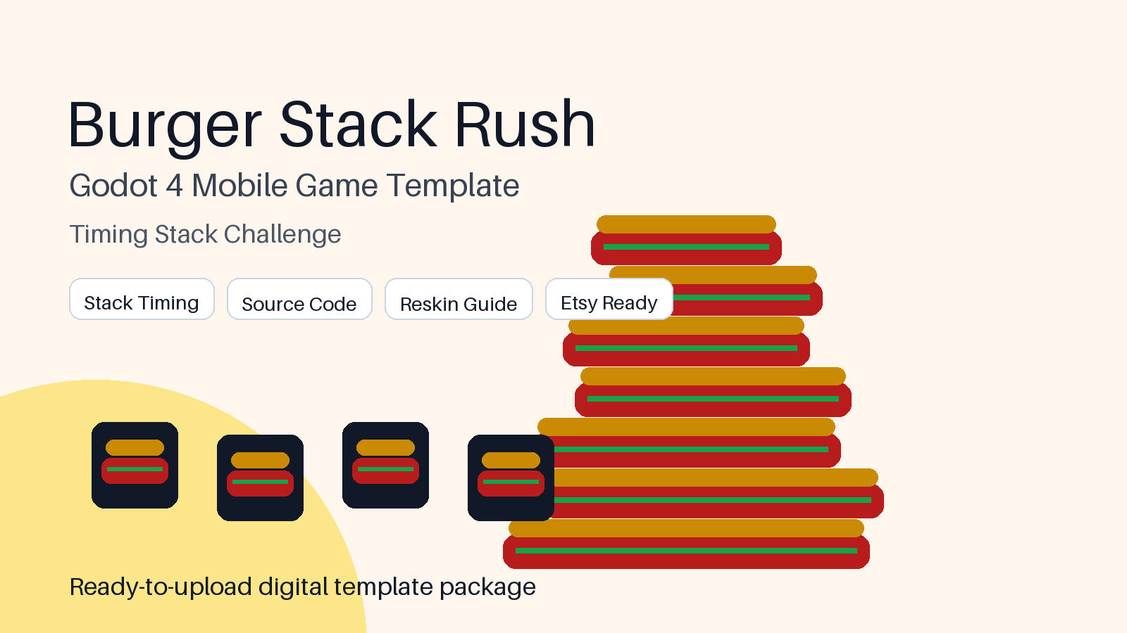Burger Stack Rush Godot 4 Mobile Game Template, Android Arcade Stacking Source Code, Reskin Template