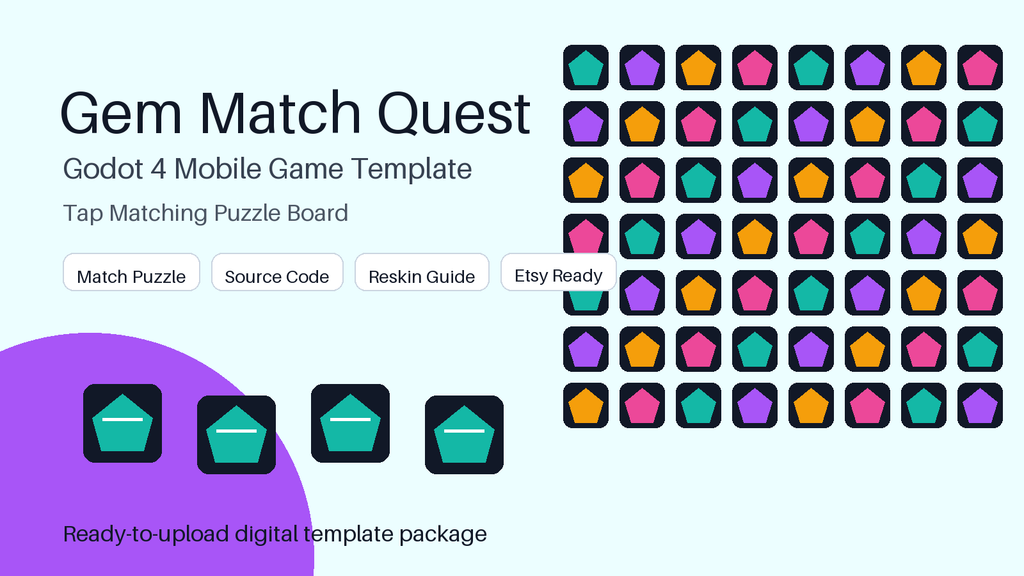 Gem Match Quest Godot 4 Mobile Game Template, Android Puzzle Match Game Source Code, Reskin Template