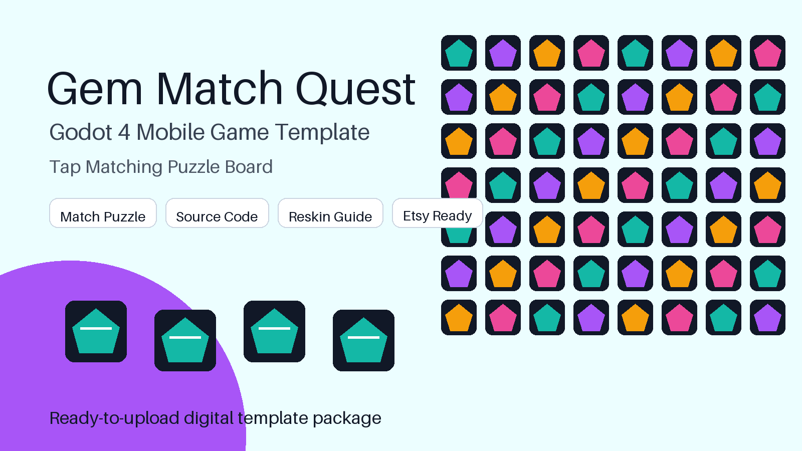 Gem Match Quest Godot 4 Mobile Game Template, Android Puzzle Match Game Source Code, Reskin Template