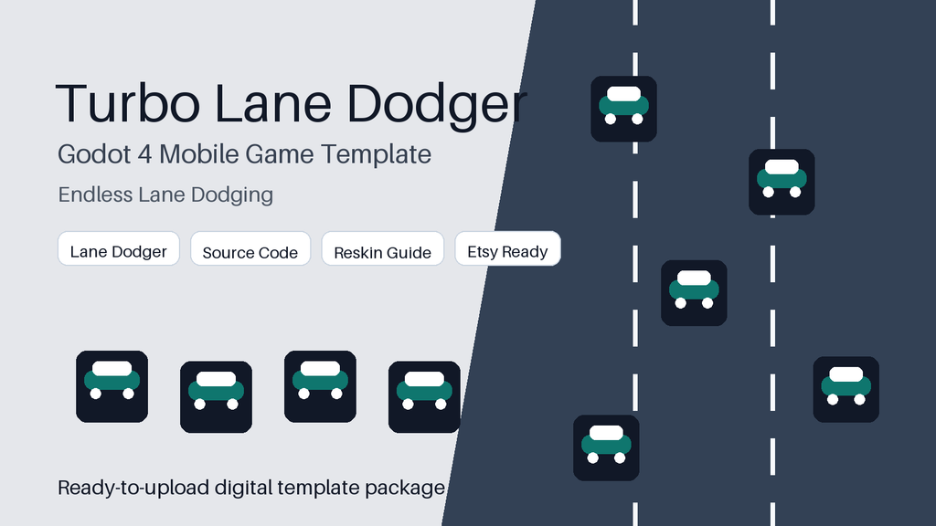 Turbo Lane Dodger Godot 4 Mobile Game Template, Android Endless Dodger Source Code, Reskin Template